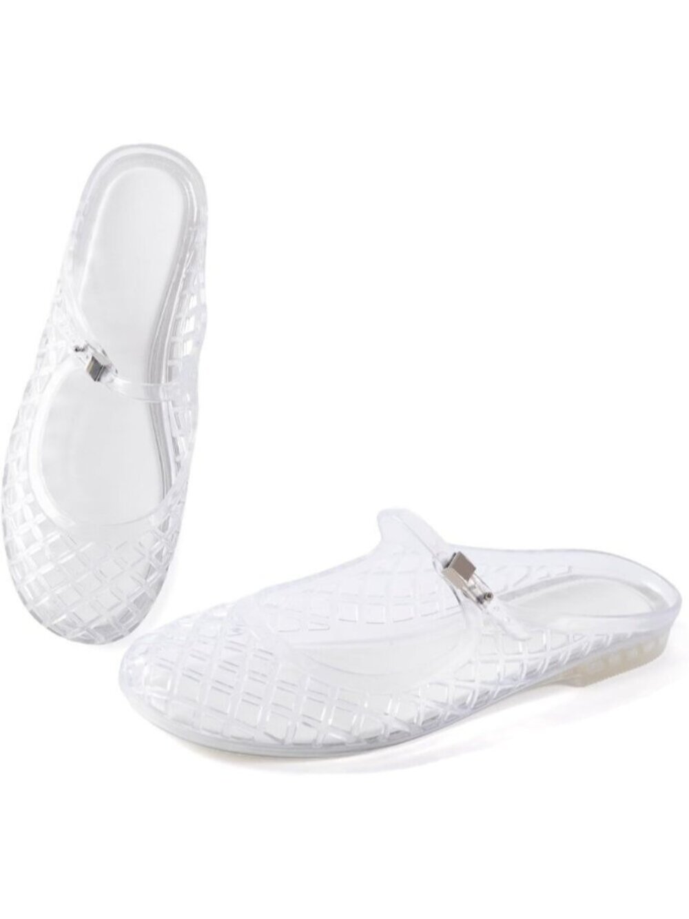Women's White Mary Jane Jelly Mule Flat Adjustable Buckle Strap Sandals